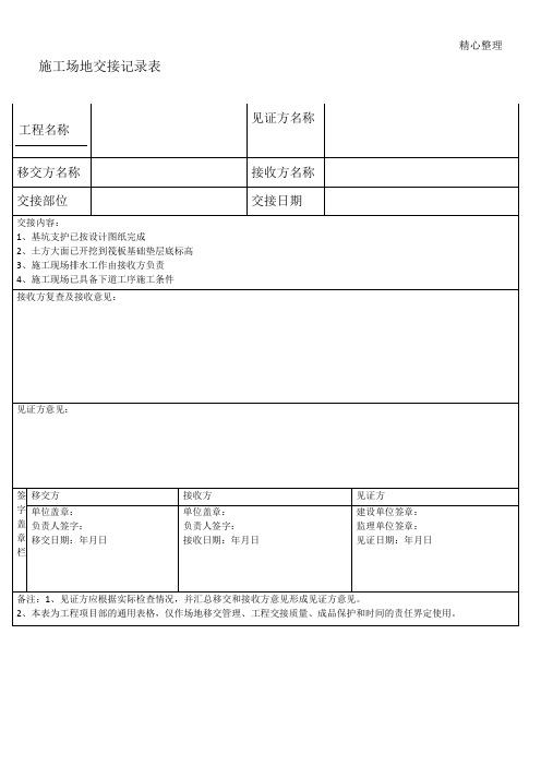 现场施工场地移交表格模板