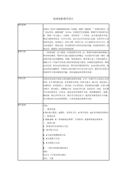 水平一二年级体育《小篮球：投球进框》教学设计及教案