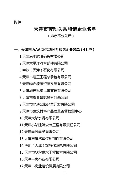 天津市劳动关系和谐企业名单重点讲义资料