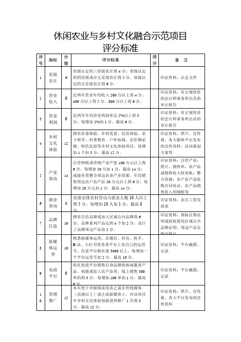 休闲农业与乡村文化融合示范项目评分标准