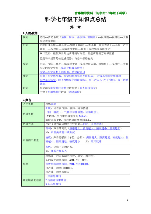 浙教版七年级下科学知识点总结