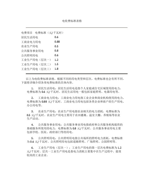 电收费标准表格