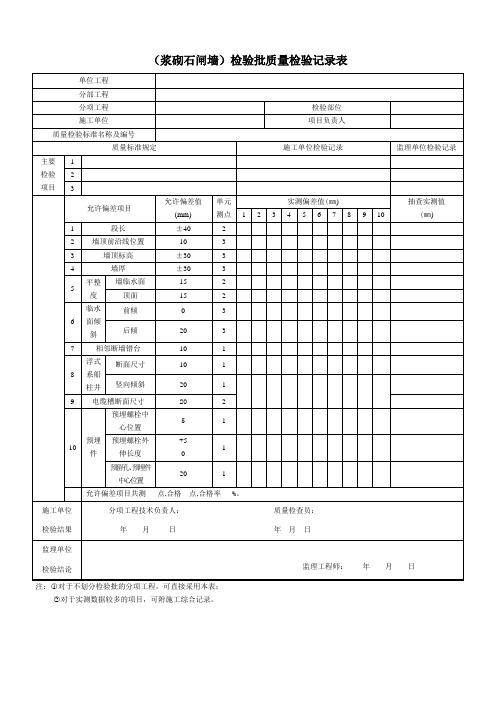 (浆砌石闸墙)检验批质量检验记录表