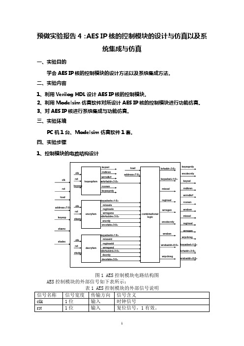 实验4 AES IP核的控制模块的设计与仿真以及系统集成与仿真