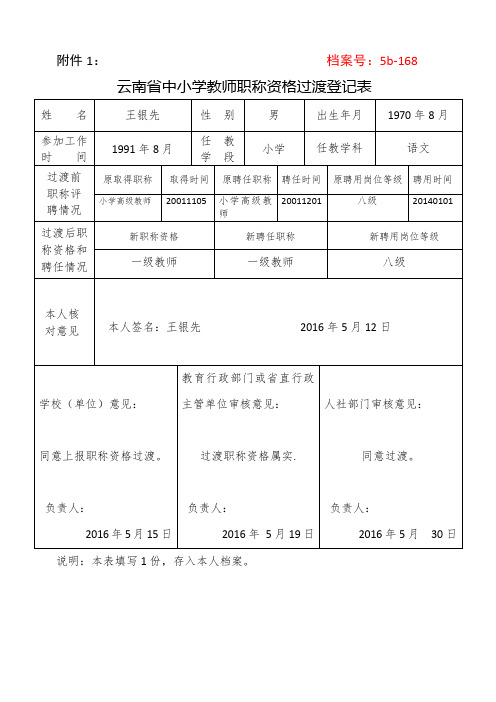 职称资格过渡表填写样表