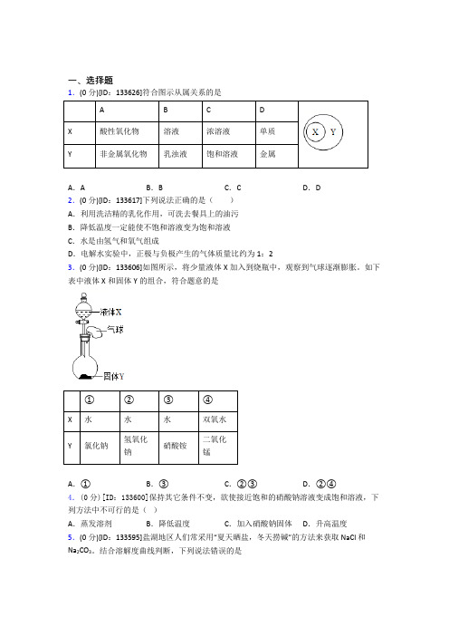 初中化学九年级上册第九单元《溶液》测试卷(含答案解析)