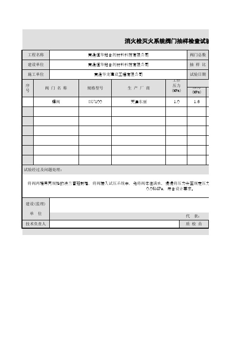 消火栓灭火系统阀门抽样检查试验记录