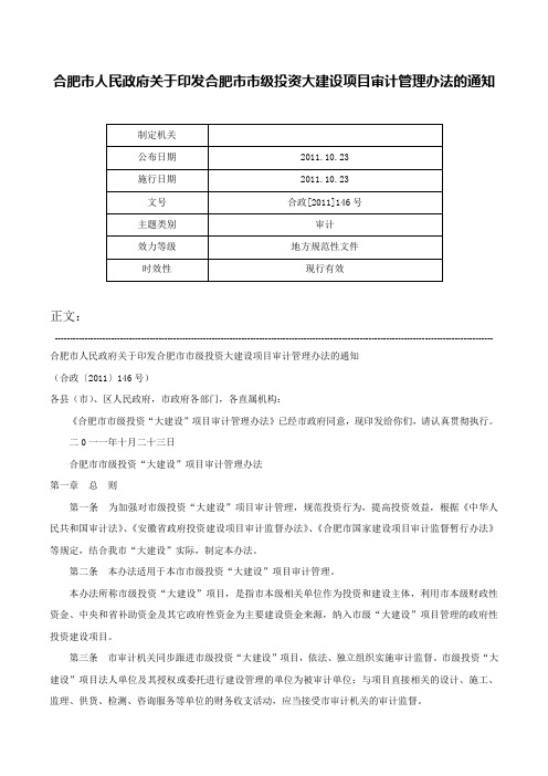 合肥市人民政府关于印发合肥市市级投资大建设项目审计管理办法的通知-合政[2011]146号