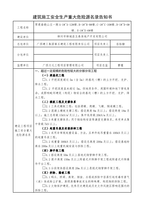 2018版《建筑施工安全生产重大危险源名录告知书》