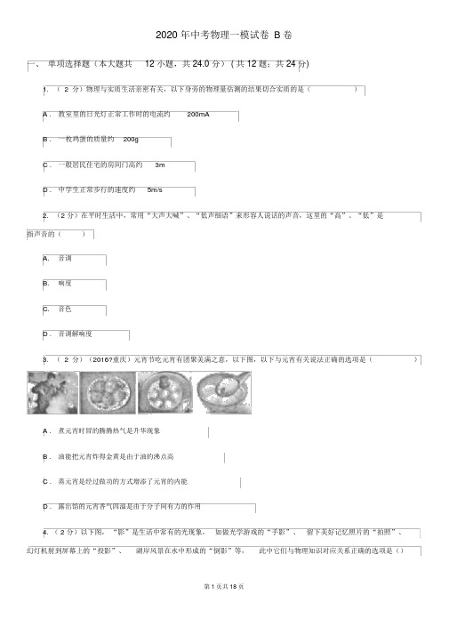 2020年中考物理一模试卷B卷