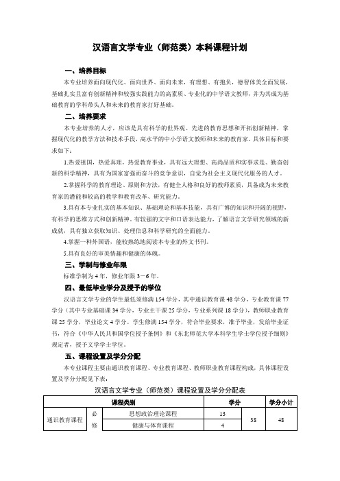 汉语言文学专业(师范类)本科课程计划