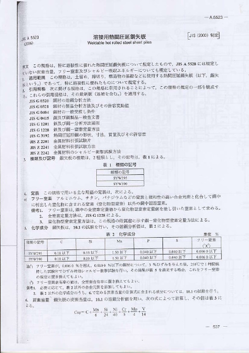 钢板桩JIS规格书