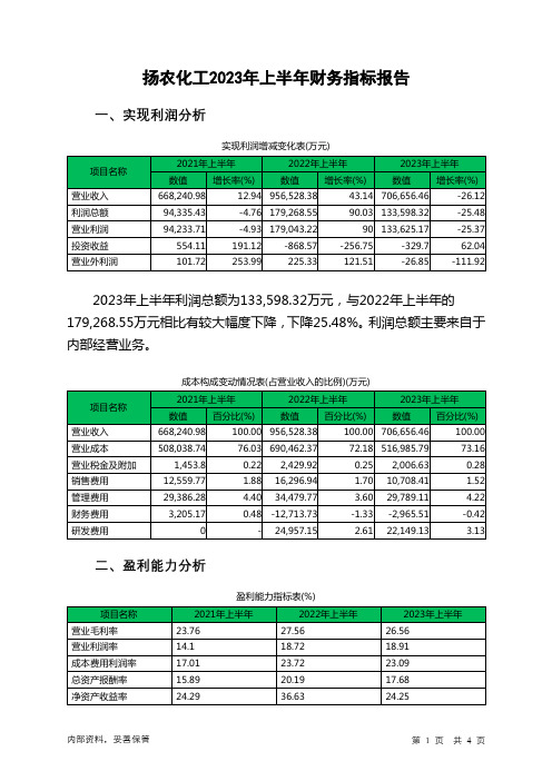 600486扬农化工2023年上半年财务指标报告