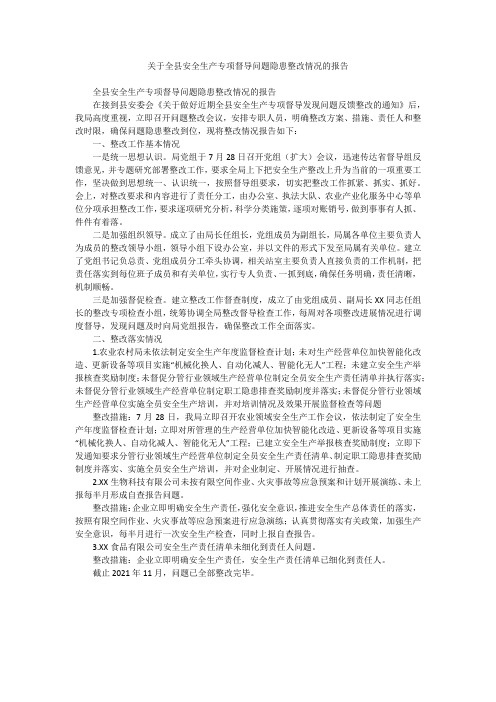 关于全县安全生产专项督导问题隐患整改情况的报告