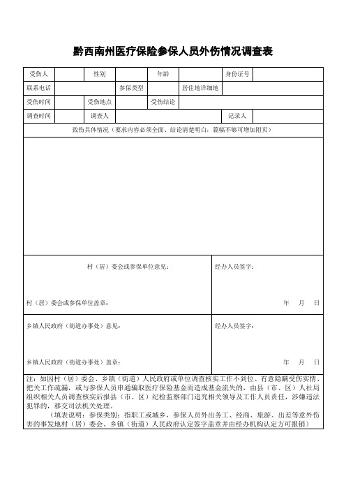 黔西南州医疗保险参保人员外伤情况调查表