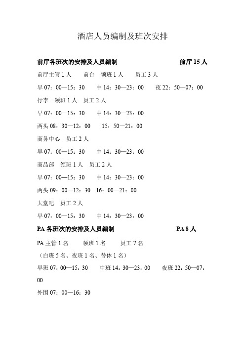 酒店人员编制及班次安排