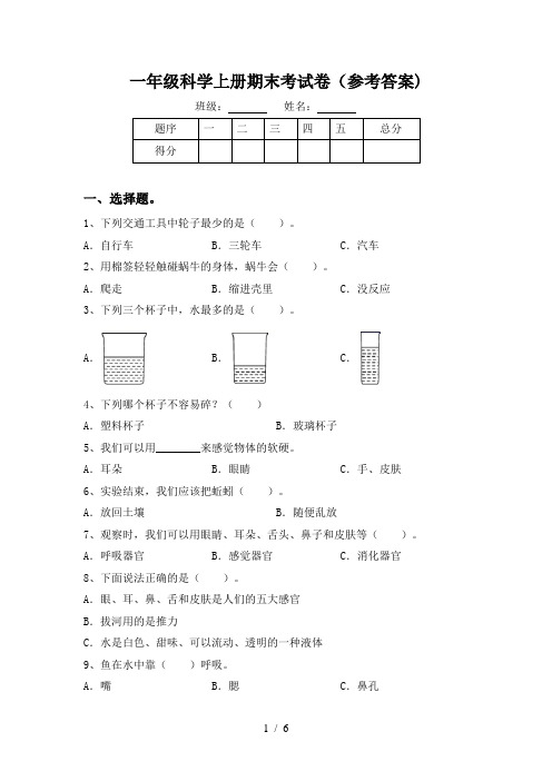 一年级科学上册期末考试卷(参考答案)