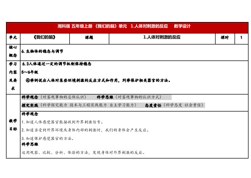 2024年湘教版五年级科学上册1.1人体对刺激的反应(教案)