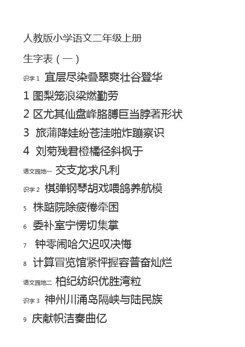 人教版小学语文二年级上册生字表(一类二类字)