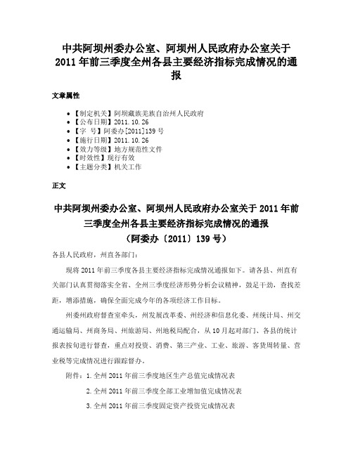 中共阿坝州委办公室、阿坝州人民政府办公室关于2011年前三季度全州各县主要经济指标完成情况的通报