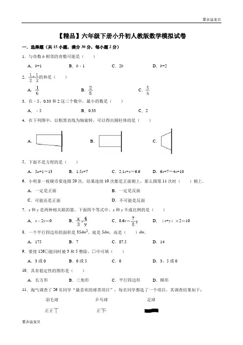 2021-2022学年六年级数学下册小升初精品模拟卷10(人教版含详细解析)