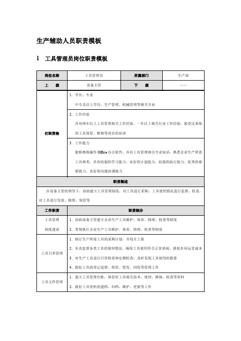 生产辅助人员岗位职责模板：工具、材料、设备、安全管理员