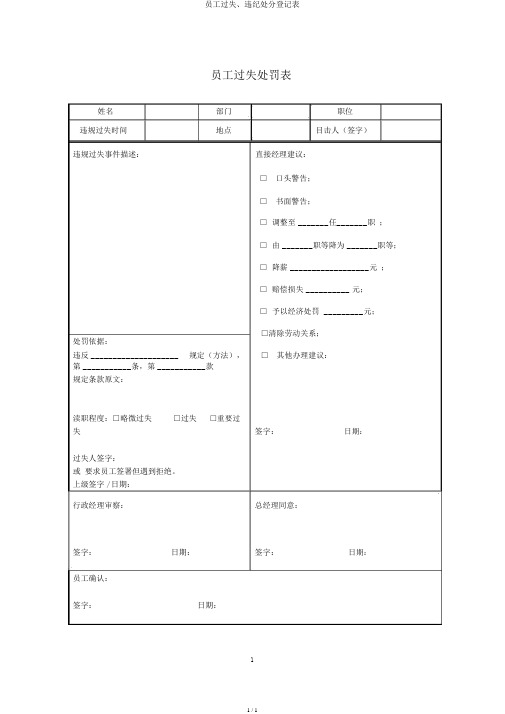 员工过失、违纪处分登记表