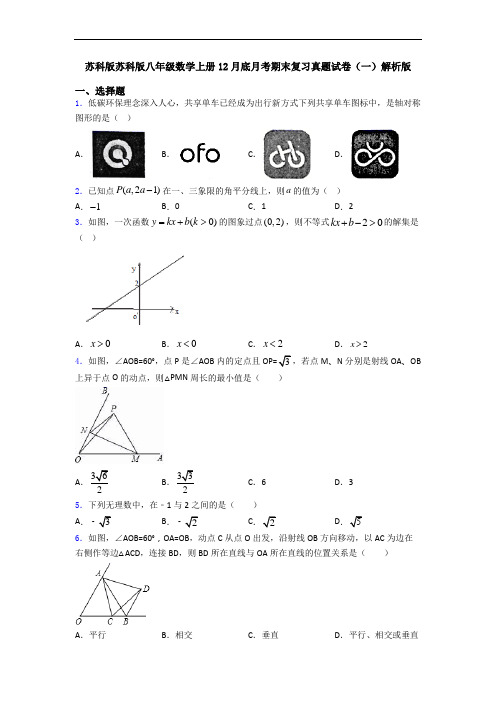 苏科版苏科版八年级数学上册12月底月考期末复习真题试卷(一)解析版