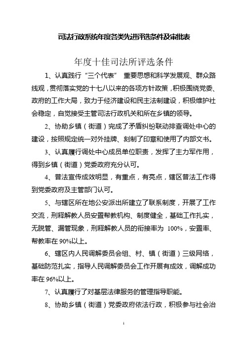 司法行政系统年度各类先进评选条件及审批表