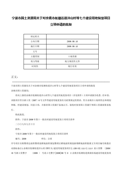 宁波市国土资源局关于对余姚市低塘街道洋山村等七个建设用地复垦项目立项申请的批复-