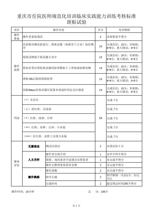 住院医师规范化培训考核项目操作标准：班贴试验