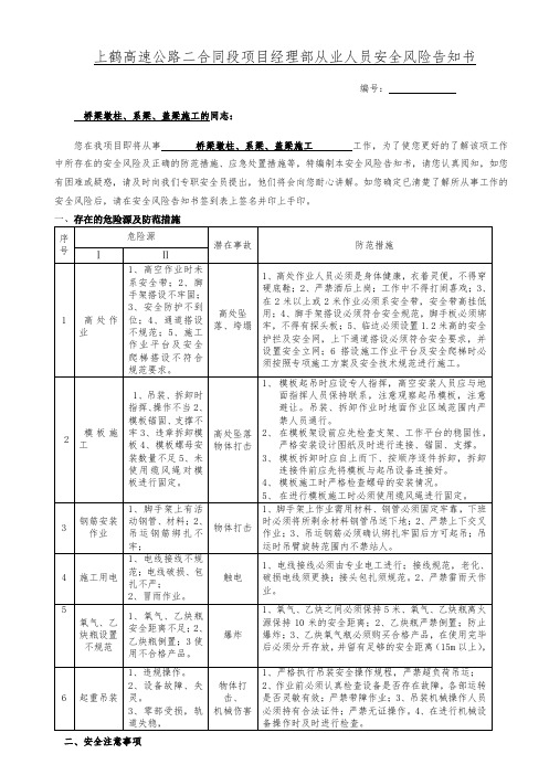 桥梁墩柱、系梁、盖梁施工从业人员安全风险告知书