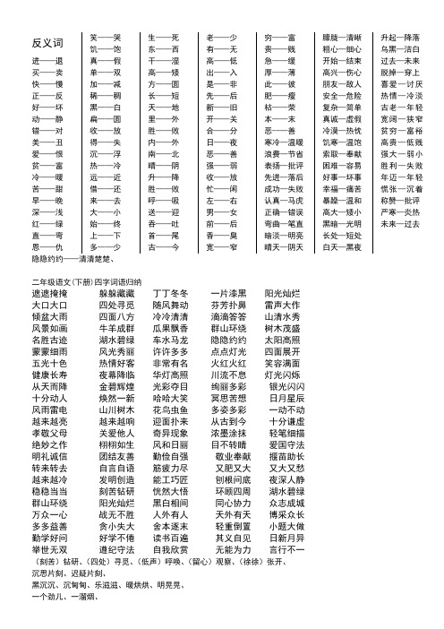 人教版二年级下册反义词和四字成语