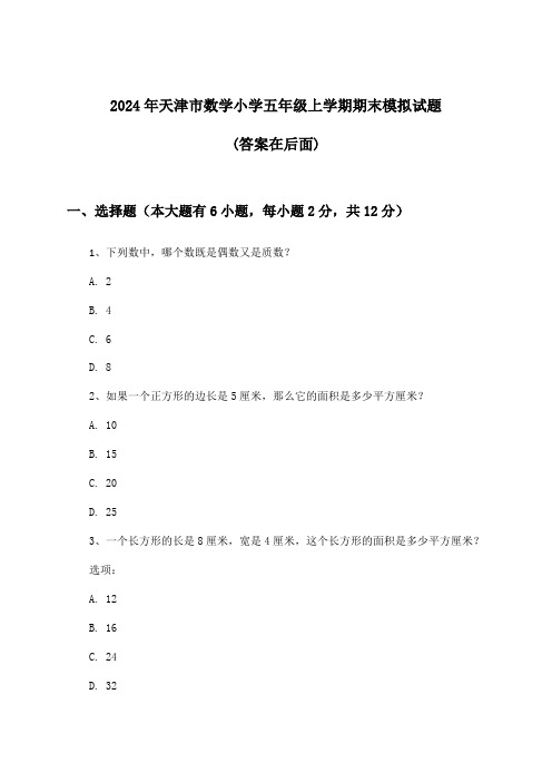 2024年天津市小学五年级上学期期末数学试题及解答参考