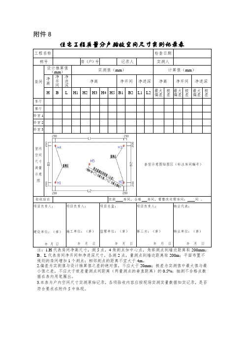 住宅工程质量分户验收空间尺寸实测记录表