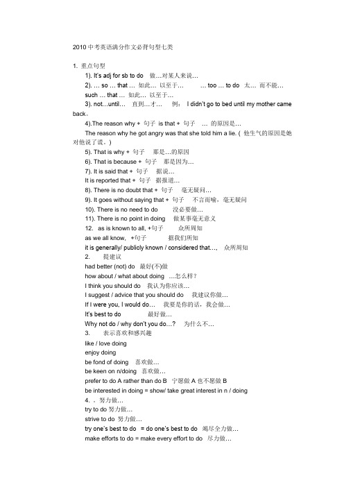 2010中考英语满分作文必背句型七类