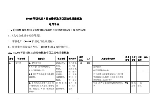 600MW等级机组A级检修标准项目及验收质量标准-电气