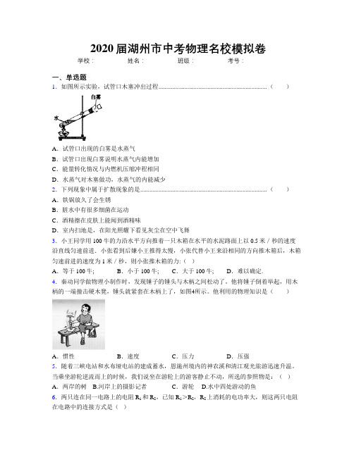 2020届湖州市中考物理名校模拟卷