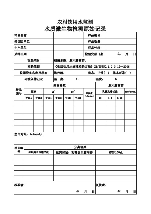 水质微生物检测原始记录表