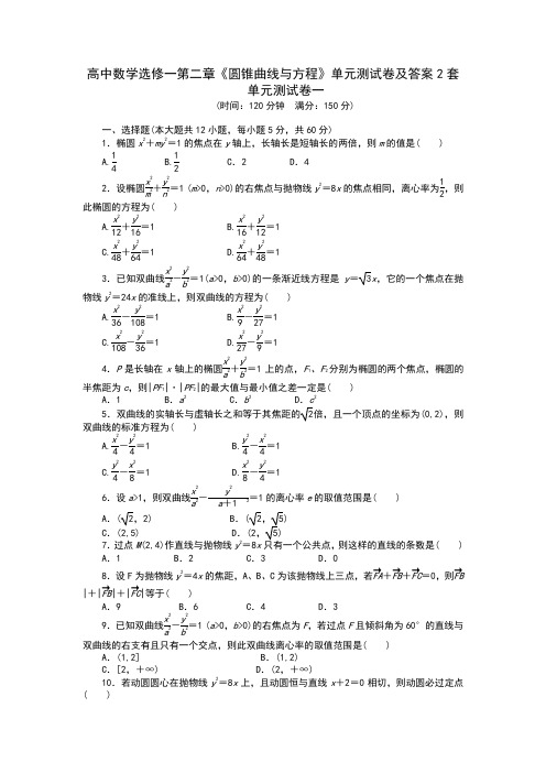 高中数学选修1-1第二章《圆锥曲线与方程》单元测试卷及答案2套