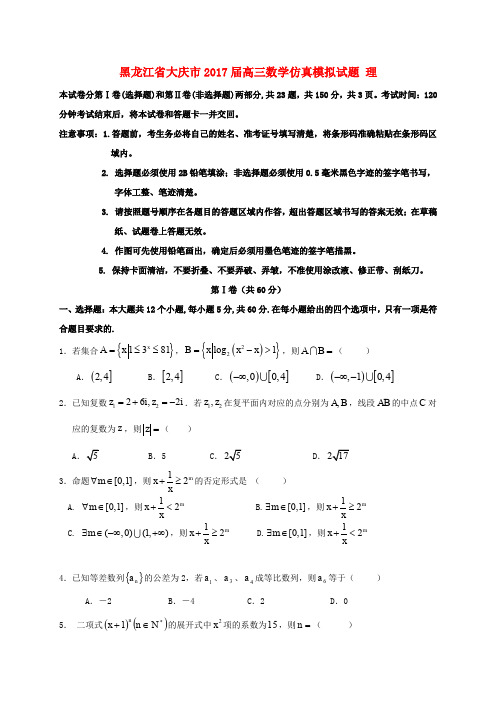 黑龙江省大庆市2017届高三数学仿真模拟试题 理