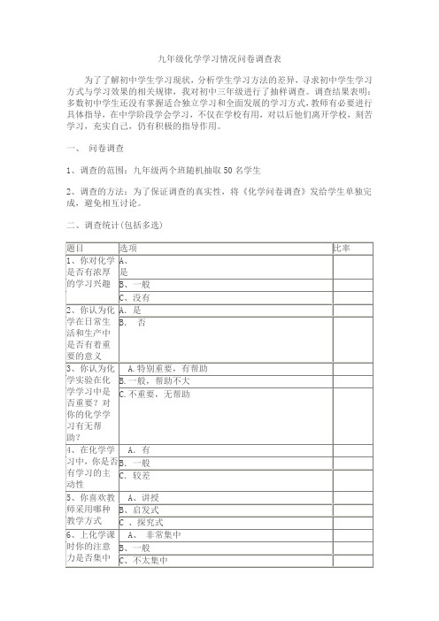 九年级化学学习情况问卷调查表