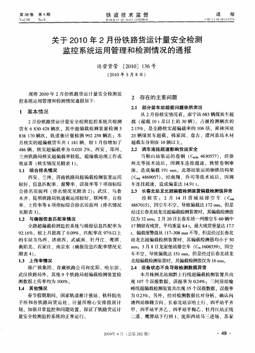 关于2010年2月份铁路货运计量安全检测监控系统运用管理和检测情况的通报