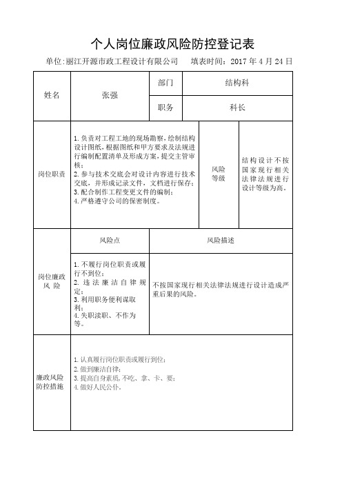 个人岗位廉政风险防控登记表