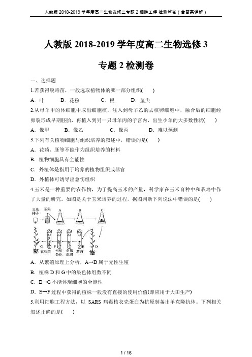 人教版2018-2019学年度高二生物选修三专题2 细胞工程 检测试卷(含答案详解)