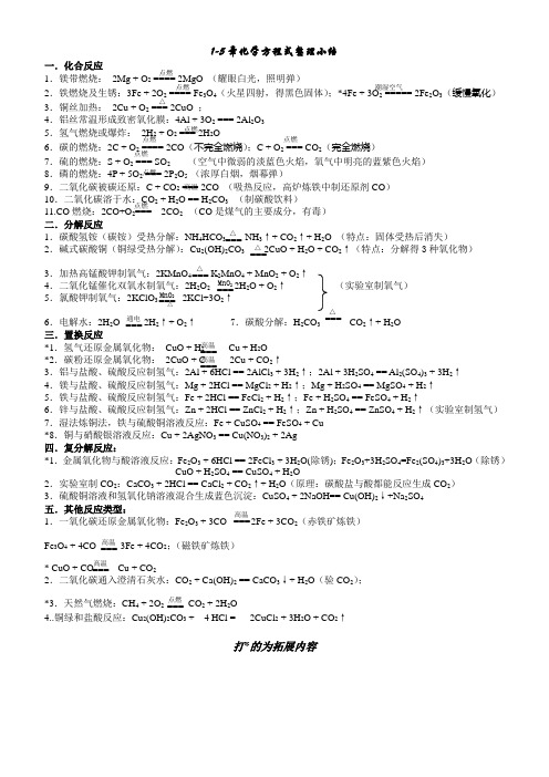 沪教版初中化学方程式整理