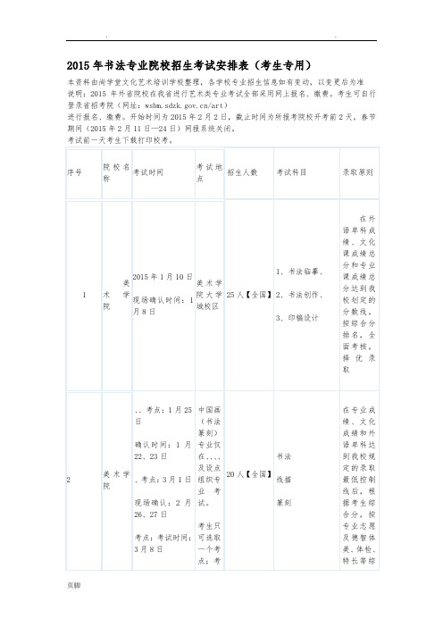 2015年书法专业院校招生考试安排表(山东考生专用)