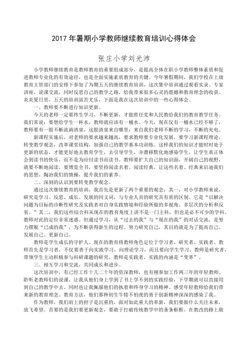 暑期小学教师继续教育培训心得体会