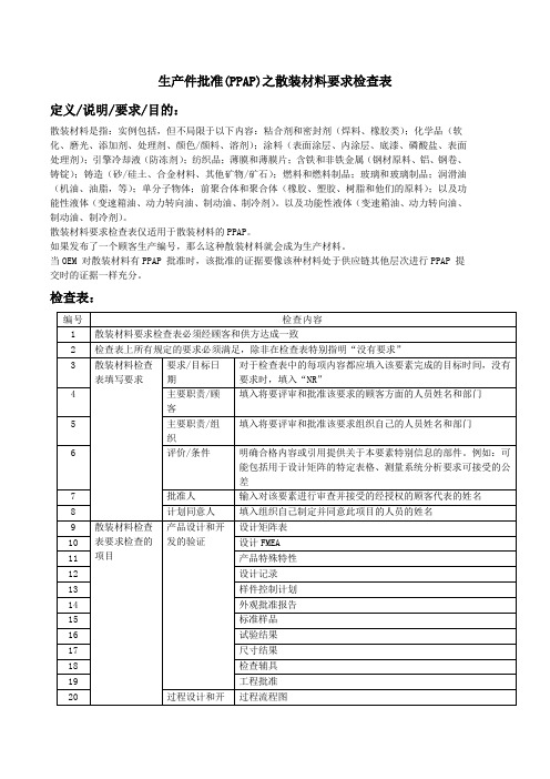 生产件批准(PPAP)之散装材料要求检查表