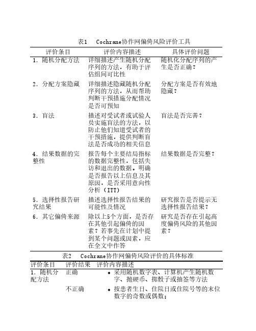 Cochrane协作网偏倚风险评价工    具